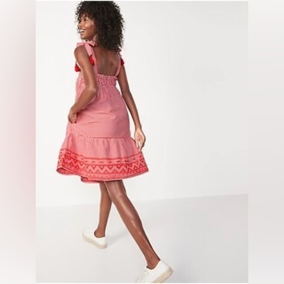 OLD NAVY Smocked Embroidered Tiered Red White Gingham Plaid Mini Dress w Pockets - Picture 3 of 14
